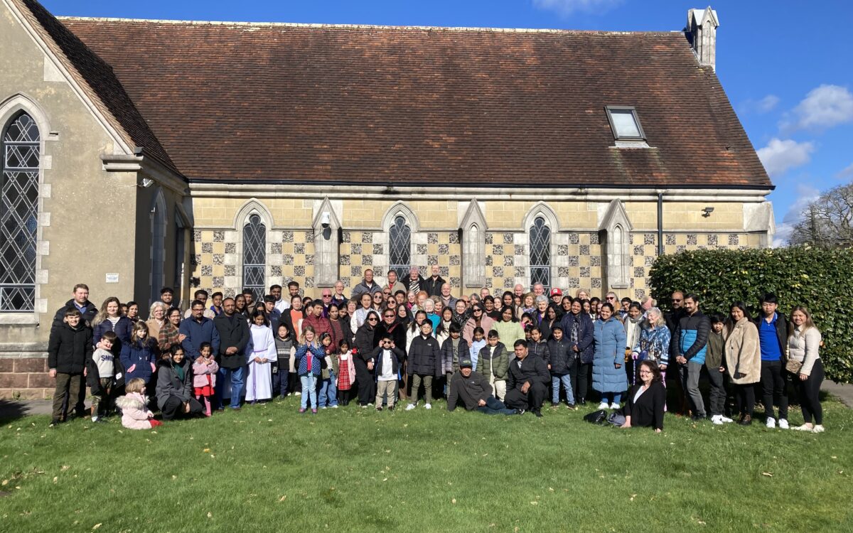 Photograph of the congregation after Mass at Our Lady of Lourdes New Milton